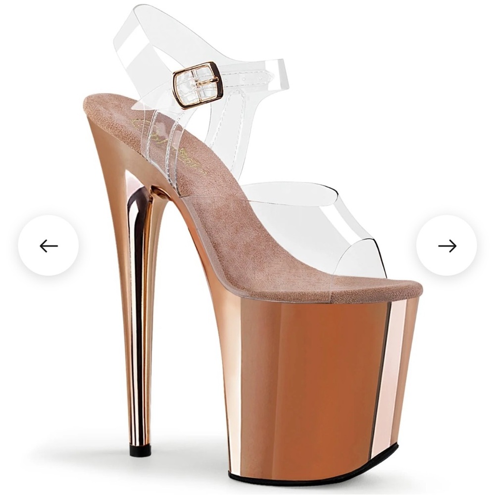 Pleaser 8” Rose gold chrome flamingo 808 size 9. Light wear.